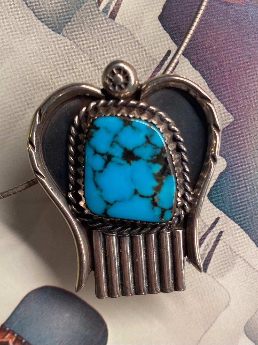 Vintage Native American Sterling Turquoise Pendant & 925 Italy Chain